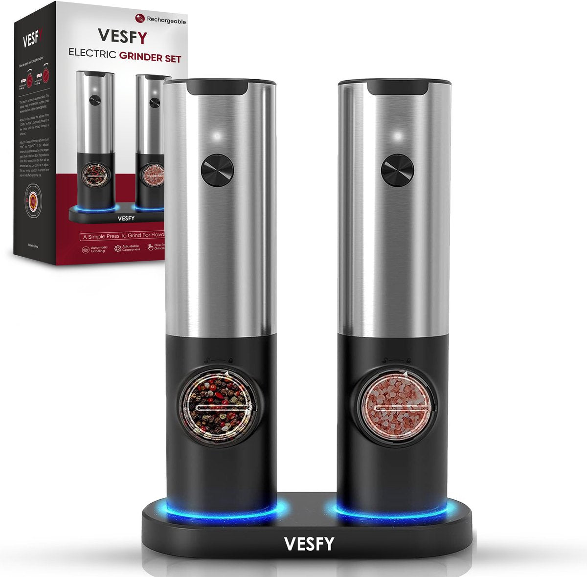 Elektrische Zout- en Pepermolen Set – USB-C Oplaadbaar met Instelbare Maalgraad & Oplaadbasis