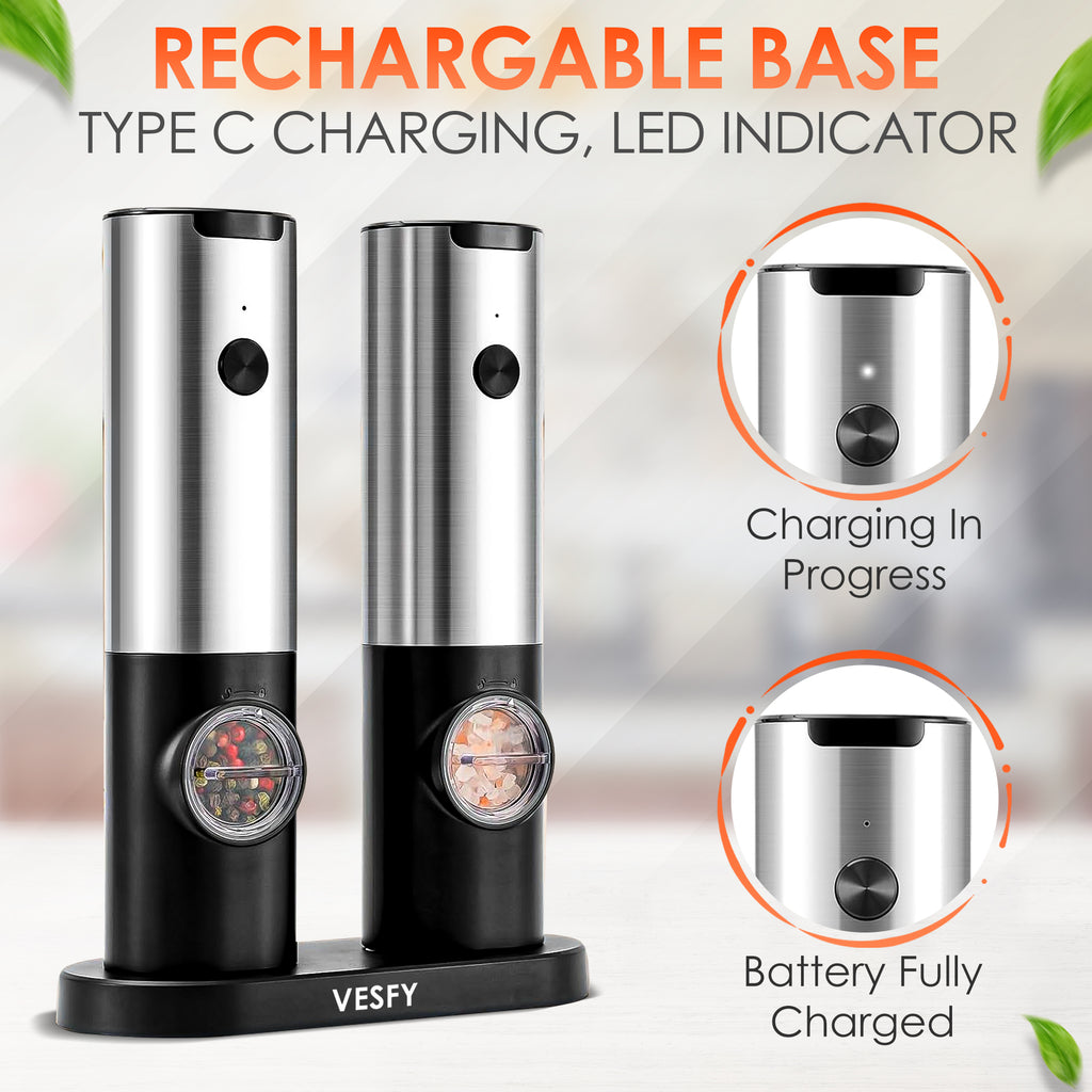 Elektrische Zout- en Pepermolen Set – USB-C Oplaadbaar met Instelbare Maalgraad & Oplaadbasis